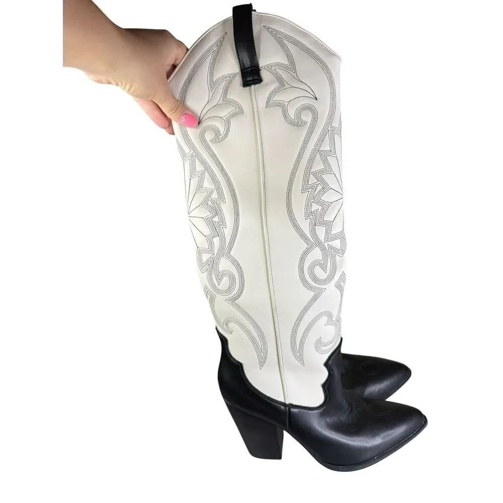 Steve Madden Lasso White Black Leather Western Tall Boots Size 8 Cowboy Style - Picture 4 of 6